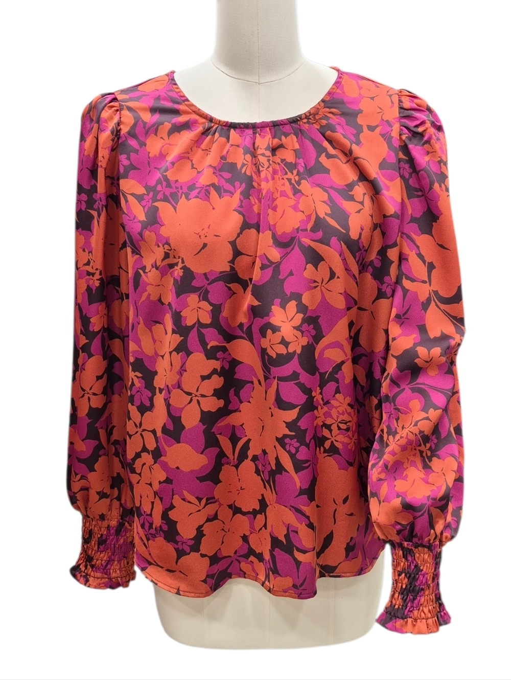 Pleione Orange and Magenta Floral Long-Sleeve Blouse